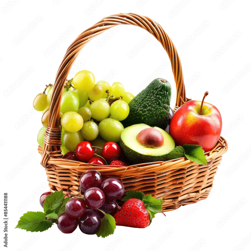a wicker basket filled with strawberries, green grapes, red grapes, cherries, and avocado with a leaf on a white background, perfect for fresh and colorful food designs. a wicker basket filled with strawberries, green grapes, red grapes, cherries, and avocado with a leaf on a white background, perfect for fresh and colorful food designs.