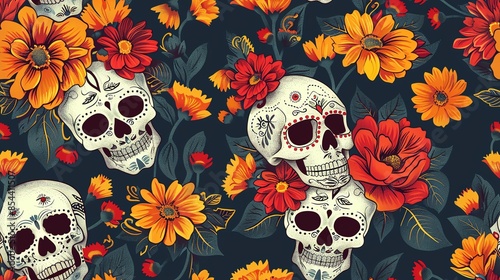 Wallpaper Mural Generate a seamless pattern of Mexican sugar skulls and marigolds Torontodigital.ca