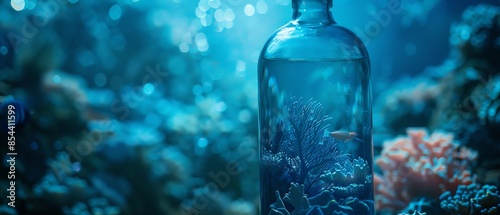 Oceanthemed glass bottle close up, focus on, copy space Vibrant blue tones Double exposure silhouette with marine life photo