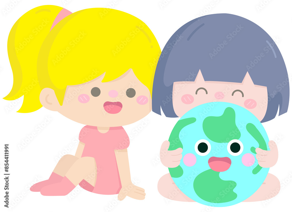 Cute girls happy earth day in Children Style Cartoon illustration Cute girls happy earth day in Children Style Cartoon illustration