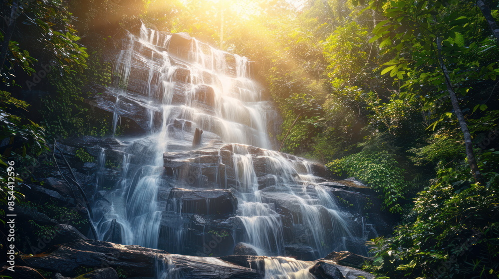 beautiful waterfall with green tree, nature landscape beautiful waterfall with green tree, nature landscape