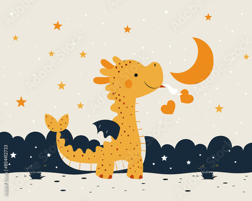 Cute cartoon dragon blowing hearts at crescent moon with stars in whimsical night sky, children's illustration, bedtime story, fantasy