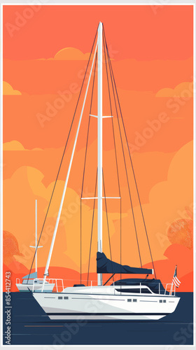 Modern sailboat anchored in the calm sea at sunset with vibrant orange sky, sailing adventure, nautical travel, vacation theme