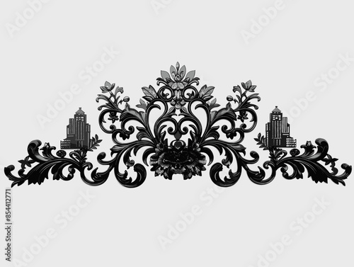 Ornate black baroque design with intricate floral patterns and subtle city skyline, elegant decorative artwork, classic and modern fusion