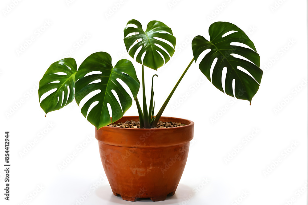Fototapeta premium Monstera in a pot isolated on white background, Close up of tropical leaves or houseplant that grow indoor for decorative purpose.