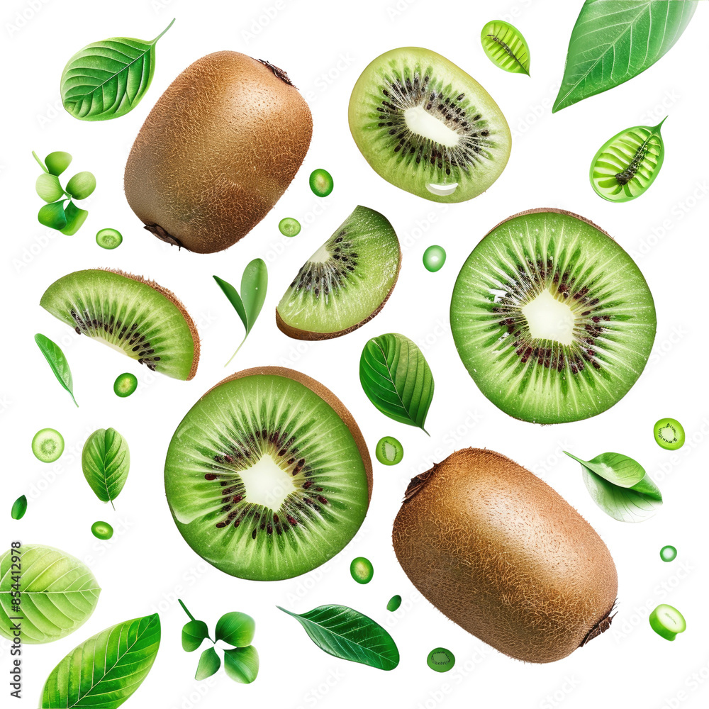 Fototapeta premium Close-up of a real kiwi and a kiwi slice on a white background, perfect for fresh and healthy food designs.