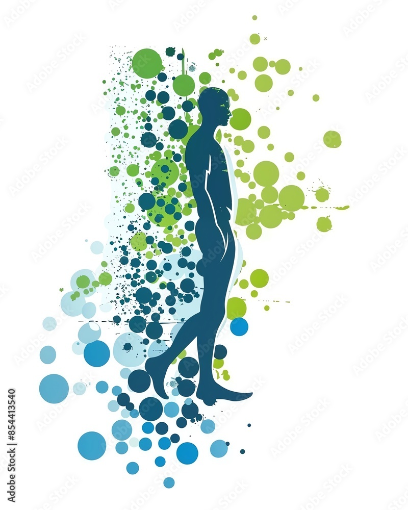 Abstract silhouette of a human figure with colorful circular patterns, representing movement and energy in a modern artistic style. Abstract silhouette of a human figure with colorful circular patterns, representing movement and energy in a modern artistic style.