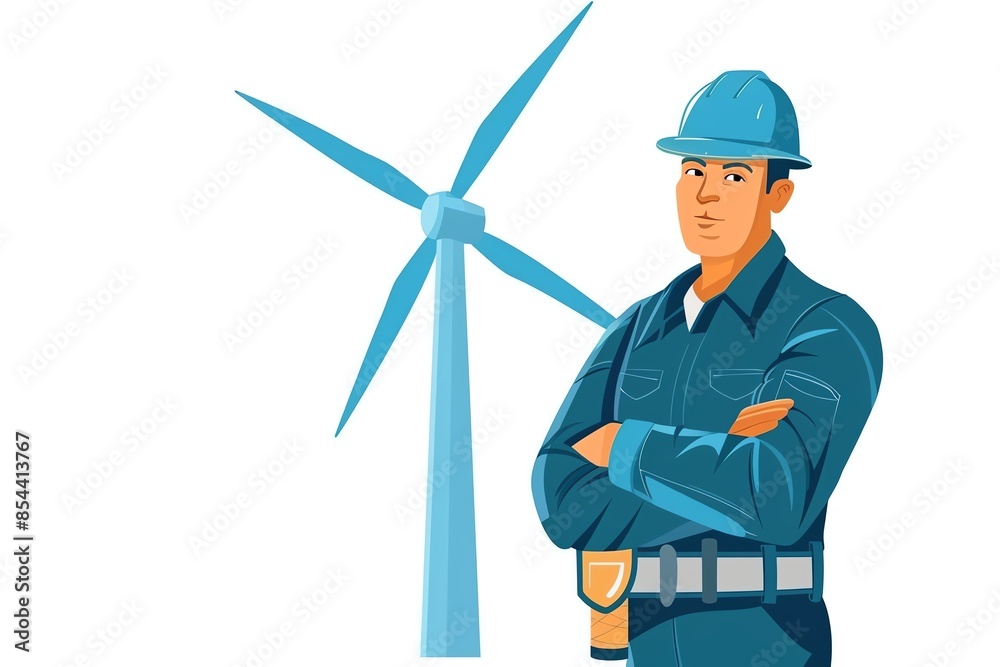 Illustration of a confident wind turbine technician standing with arms crossed beside a large wind turbine, promoting renewable energy. Illustration of a confident wind turbine technician standing with arms crossed beside a large wind turbine, promoting renewable energy.