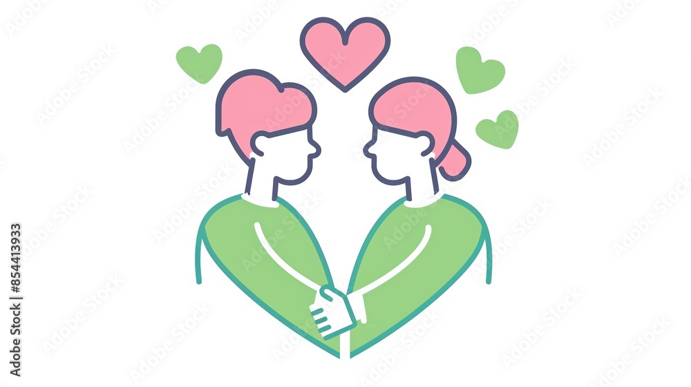Illustration of two people holding hands, surrounded by heart symbols, representing love and romance. Illustration of two people holding hands, surrounded by heart symbols, representing love and romance.