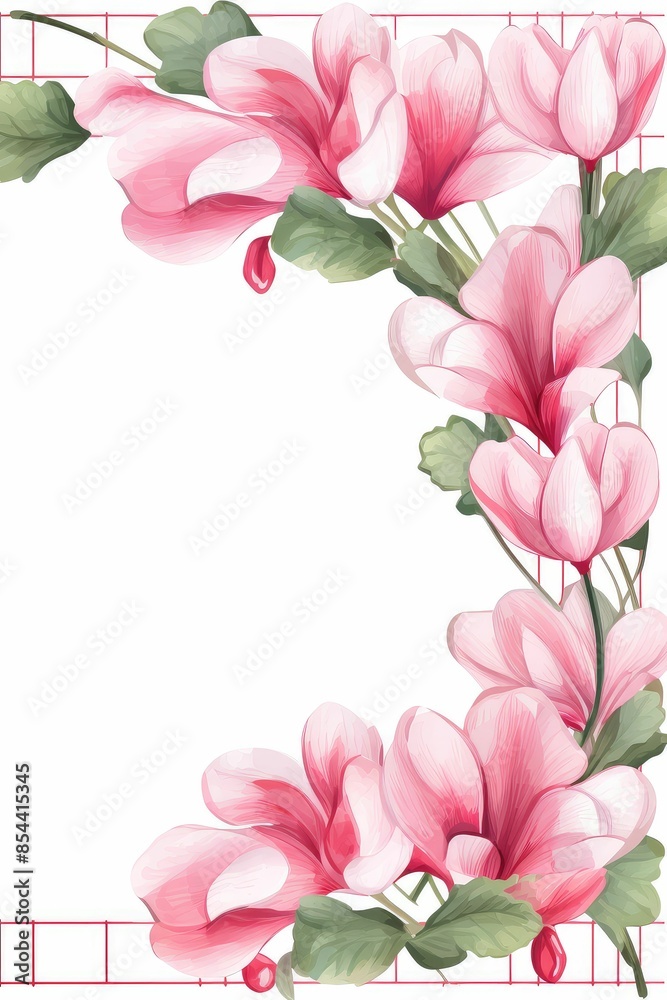 Naklejka premium cyclamen themed frame or border for photos .with delicate pink and white blooms. watercolor illustration, white color background. 
