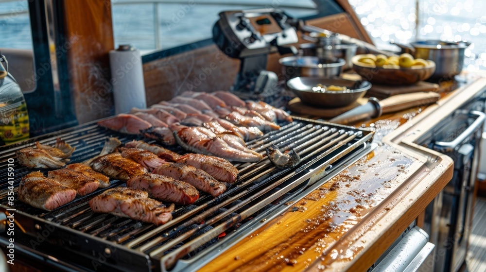A makeshift grill is set up on the deck ready to cook up the days catch to perfection. A makeshift grill is set up on the deck ready to cook up the days catch to perfection.