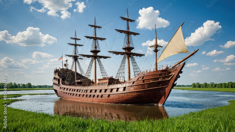 Old Wooden Ship in Calm River Waters. Old Wooden Ship in Calm River Waters.