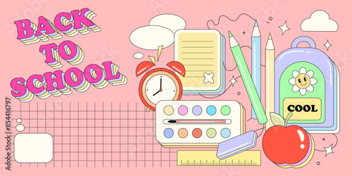 Back to school  groove style banner, card, poster, web, online,  with school things, pencils, paints, speech bubble, eraser, apple, bag, vector