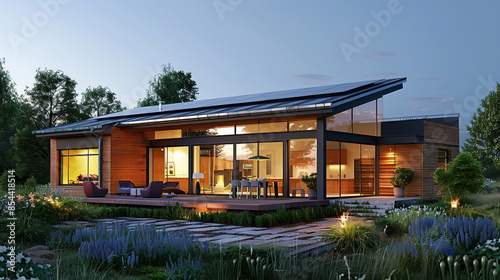 House with photovoltaic system on the roof. Modern environmentally friendly passive house with solar panels on the gable, driveway and landscaped yard