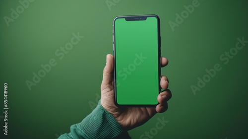A vertical smartphone with a blank green screen is held by a hand, set against a minimal background. The image's ultra-high resolution captures every detail, making it a perfect mock-up for