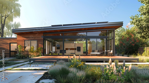 House with photovoltaic system on the roof. Modern environmentally friendly passive house with solar panels on the gable, driveway and landscaped yard