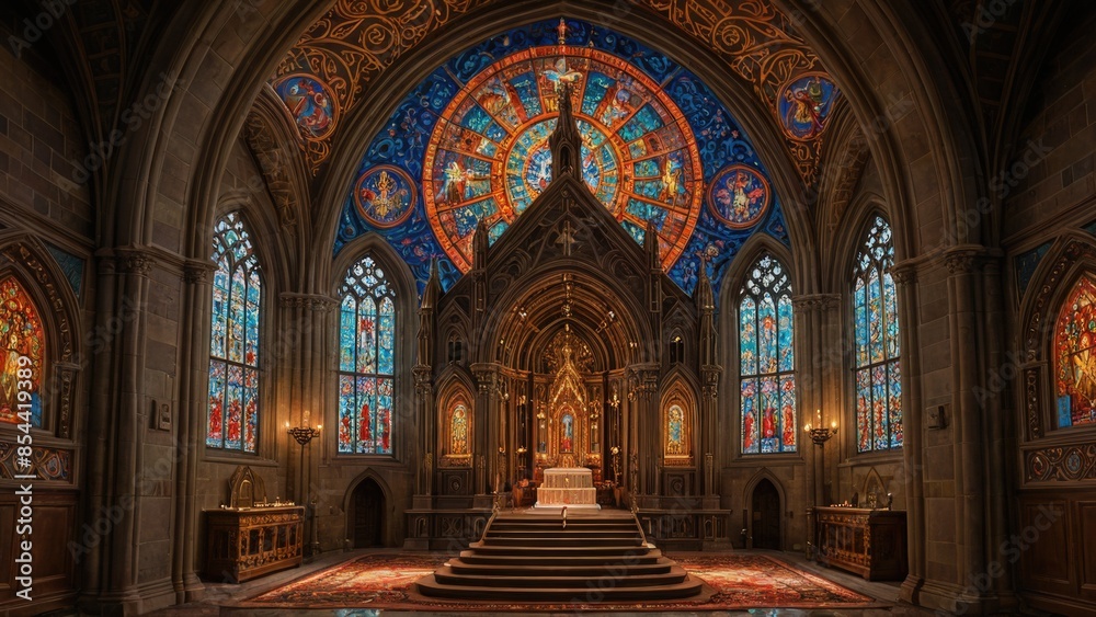 Fototapeta premium Gothic Church Interior with Stained Glass Windows.
