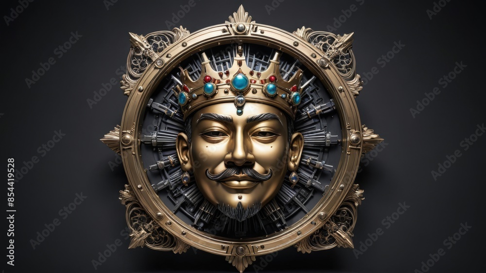 Golden King Face with Crown and Intricate Ornate Frame. Golden King Face with Crown and Intricate Ornate Frame.