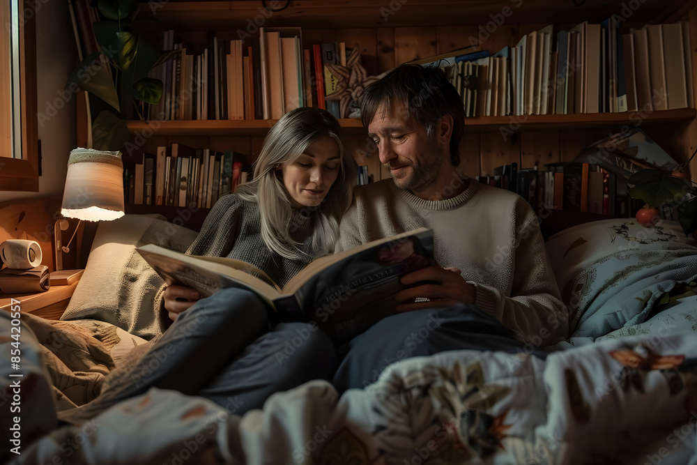 A man and woman are sitting on a bed reading a book. The scene is cozy and intimate, with the couple enjoying each other's company and the shared experience of reading A man and woman are sitting on a bed reading a book. The scene is cozy and intimate, with the couple enjoying each other's company and the shared experience of reading