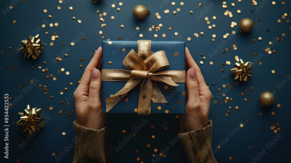 Elegant Gift Presentation: Woman's Hands Holding Stylish Gift Box with Golden Ribbon Elegant Gift Presentation: Woman's Hands Holding Stylish Gift Box with Golden Ribbon