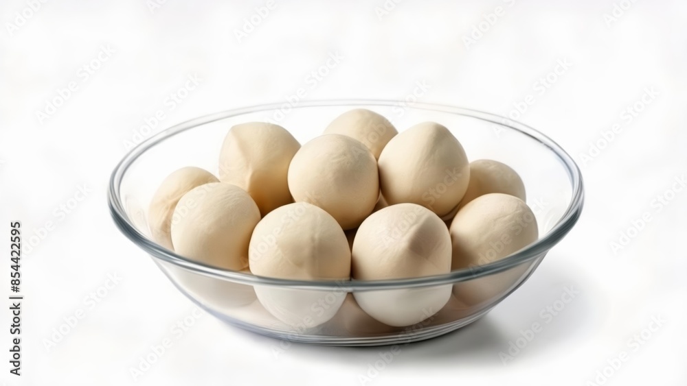 A collection of pristine white eggs in a glass bowl A collection of pristine white eggs in a glass bowl