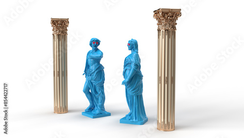 3d render antique sculptures in modern style between golden columns photo