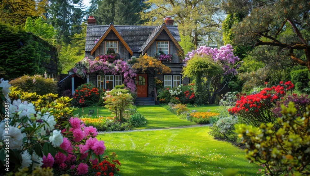 Fototapeta premium A house with a large garden in front of it. Generate AI image
