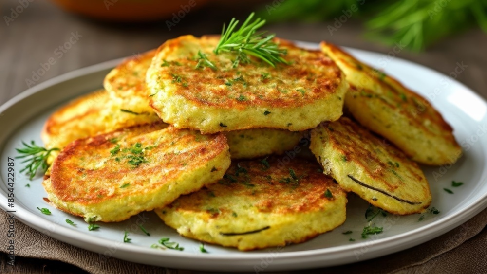 Delicious goldenbrown potato pancakes garnished with fresh herbs Delicious goldenbrown potato pancakes garnished with fresh herbs