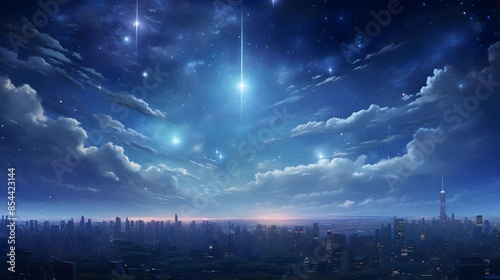 Night city panoramic view of the city with a beautiful starry sky. © Iman