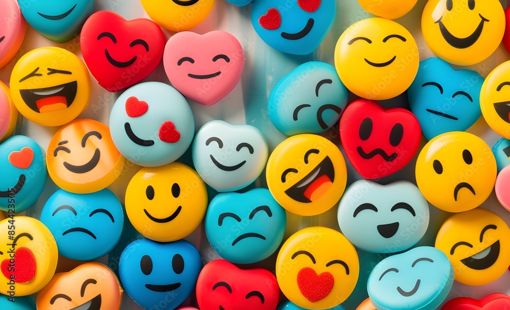 Fototapeta premium Colorful assortment of emoticon faces expressing various emotions on vibrant backgrounds.