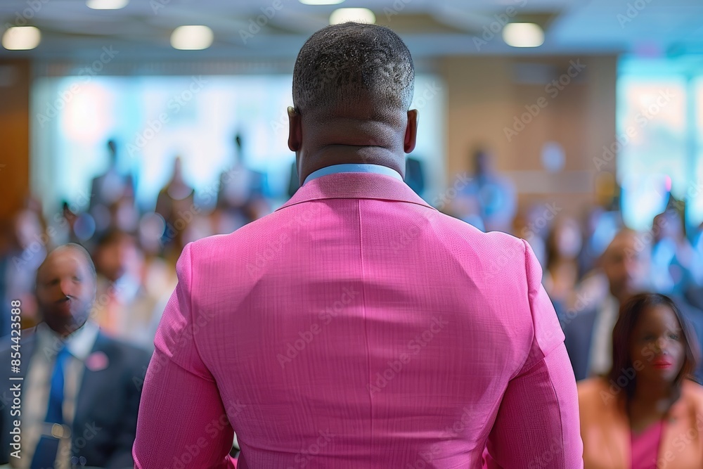 Fototapeta premium Speaker in Vibrant Pink Suit Addressing an Attentive Audience at a Corporate Event