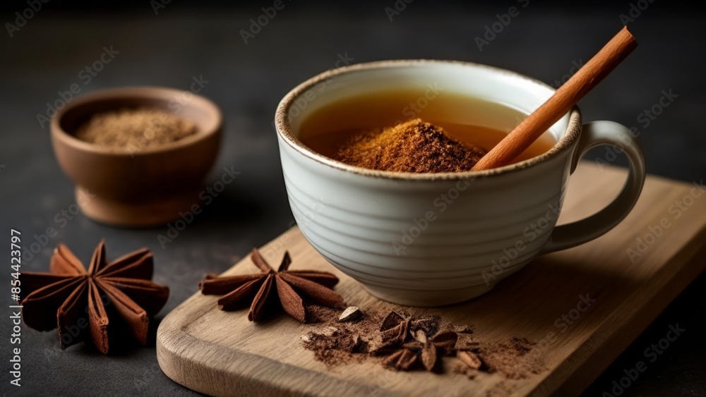 Warm and cozy A cup of spiced tea with cinnamon and star anise Warm and cozy A cup of spiced tea with cinnamon and star anise