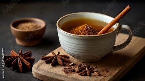  Warm and cozy A cup of spiced tea with cinnamon and star anise