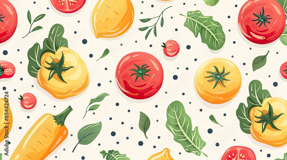 Seamless Pattern of Hand-Drawn Vegetables Including Tomatoes, Bell Peppers, and Leafy Greens on a Light Background Seamless Pattern of Hand-Drawn Vegetables Including Tomatoes, Bell Peppers, and Leafy Greens on a Light Background