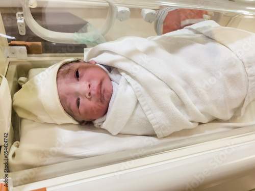 newborn baby in incubator at hospital photo