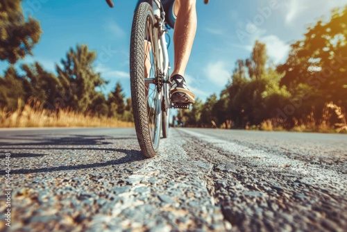 Cyclist Riding on Country Road in Summer - Low Angle View of Bicycle Wheels and Pedal Action photo