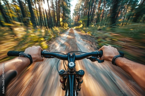 Cyclist Riding Through Forest Trail with Motion Blur, Adventure and Speed Concept in Outdoor Activity