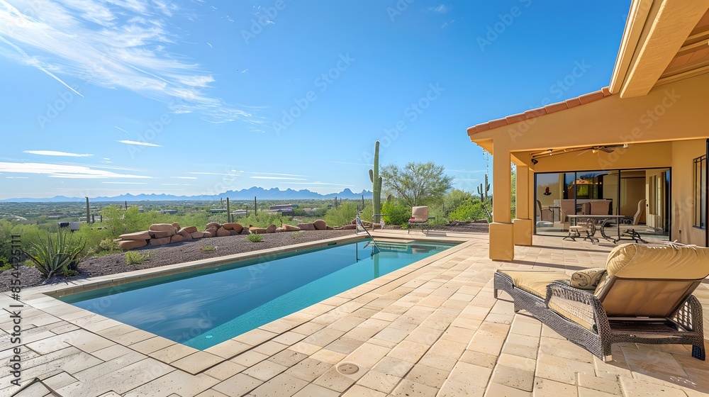 Fototapeta premium Villa with desert views. Beautiful view on realistic sand dunes. Made with generative ai