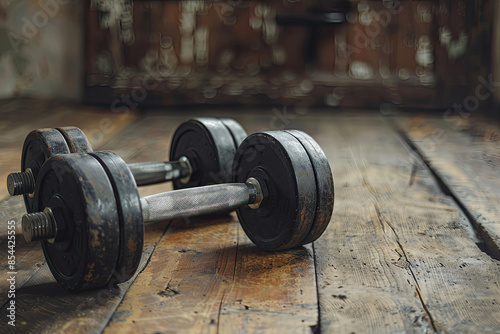 Rustic Dumbbells on Wooden Floor: Vintage Workout Equipment in Natural Light