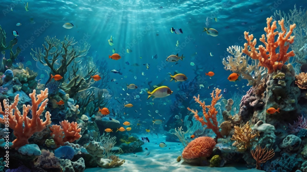 Fototapeta premium Underwater scene with vibrant coral reef and colorful fish swimming in clear blue water