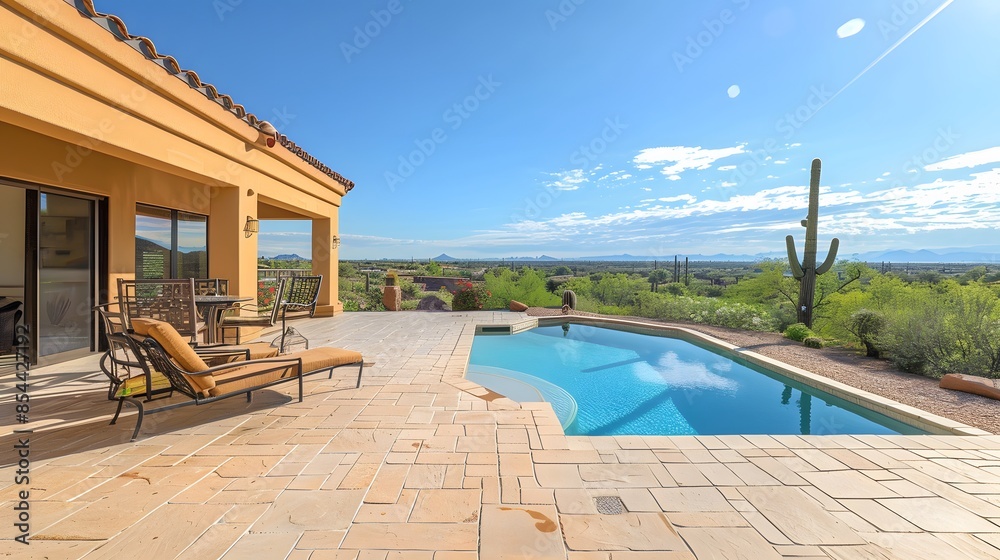 Fototapeta premium Villa with desert views. Beautiful view on realistic sand dunes. Made with generative ai