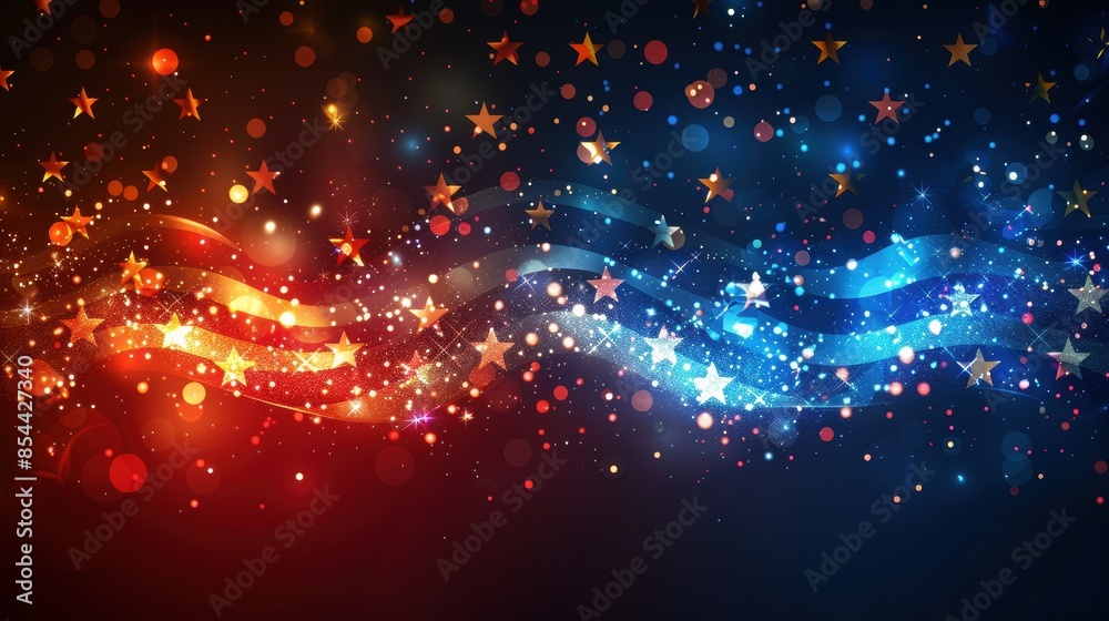 Obraz premium Colorful sparkling abstract background with red and blue swirling lights and star shapes, perfect for celebrations and festive occasions.