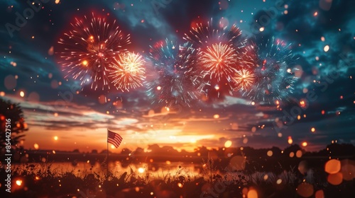 Vibrant fireworks light up the night sky over a serene landscape, capturing the essence of celebration and patriotism at sunset.