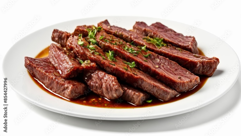 Deliciously cooked beef strips with a savory sauce Deliciously cooked beef strips with a savory sauce
