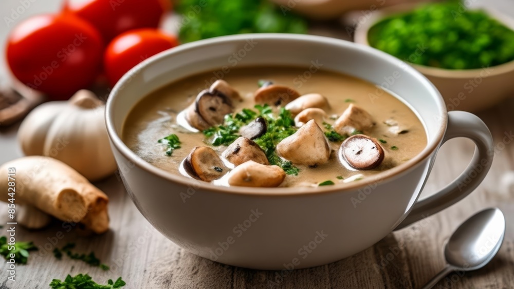 Warm and cozy A bowl of mushroom soup with fresh herbs Warm and cozy A bowl of mushroom soup with fresh herbs