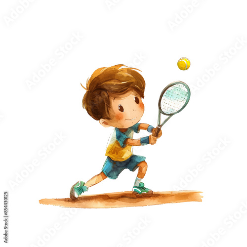 kid playing tennis vector illustration in watercolor style