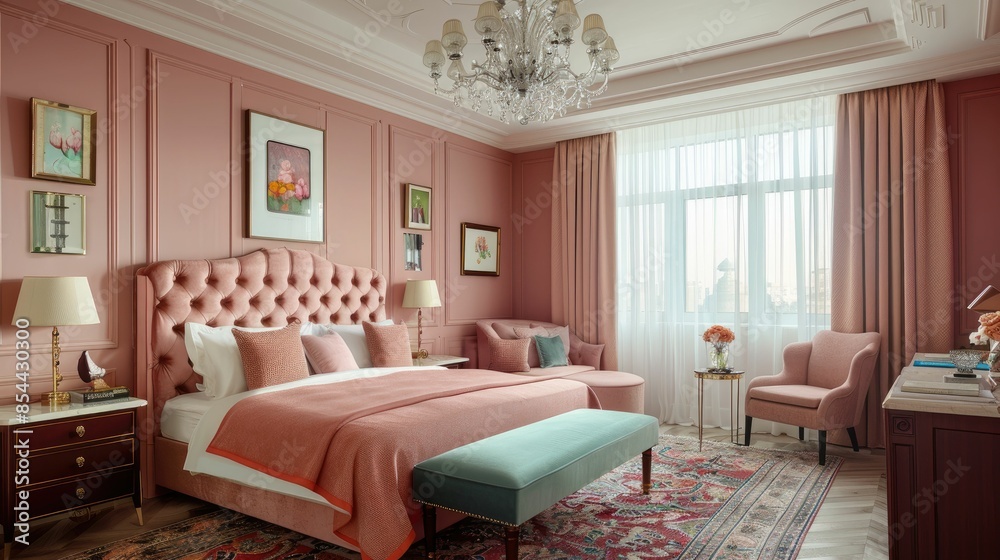 A sophisticated bedroom features pink decor, plush furnishings, large window, and elegant chandelier. A sophisticated bedroom features pink decor, plush furnishings, large window, and elegant chandelier.