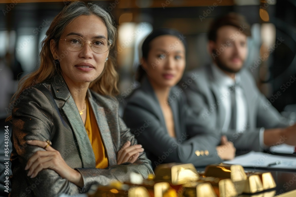 A group of diverse investors discussing gold prices in a conference room, with charts and gold bars on the table. This image conveys collaboration and shared knowledge in investment decisions, A group of diverse investors discussing gold prices in a conference room, with charts and gold bars on the table. This image conveys collaboration and shared knowledge in investment decisions,
