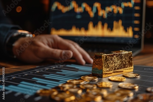 A businessman analyzing a financial chart with a gold bar in the foreground, emphasizing the relationship between gold prices and market trends. The chart displays upward and downward movements,