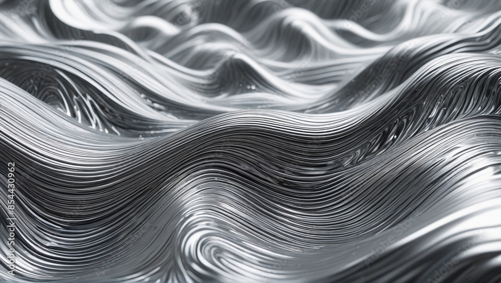 The artwork showcases a flowing silver metallic surface with a fluid wavy pattern that seems to move dynamically under the light, creating a mesmerizing visual effect, Generative AI The artwork showcases a flowing silver metallic surface with a fluid wavy pattern that seems to move dynamically under the light, creating a mesmerizing visual effect, Generative AI